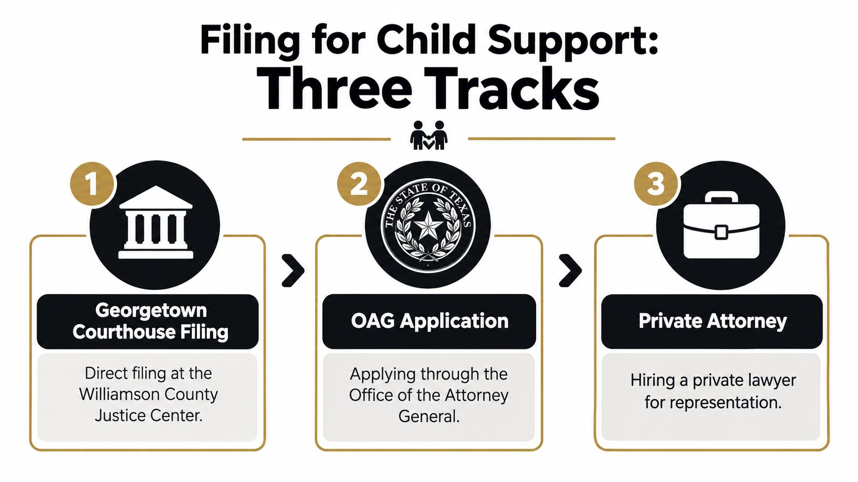 A diagram outlining the three different tracks for filing for child support in Williamson County, Texas.